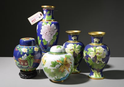 3 Cloisonne Vases & 2 Urns / Ginger Jars