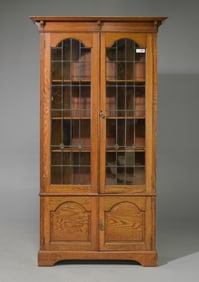 British Oak Tall Leaded Glass Bookcase c.1930's