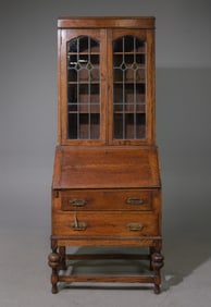 British Drop Front Leaded Glass Secretary Bookcase