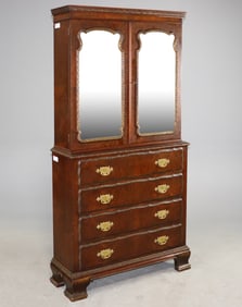 Walnut Secretaire Bookcase with Mirror Doors