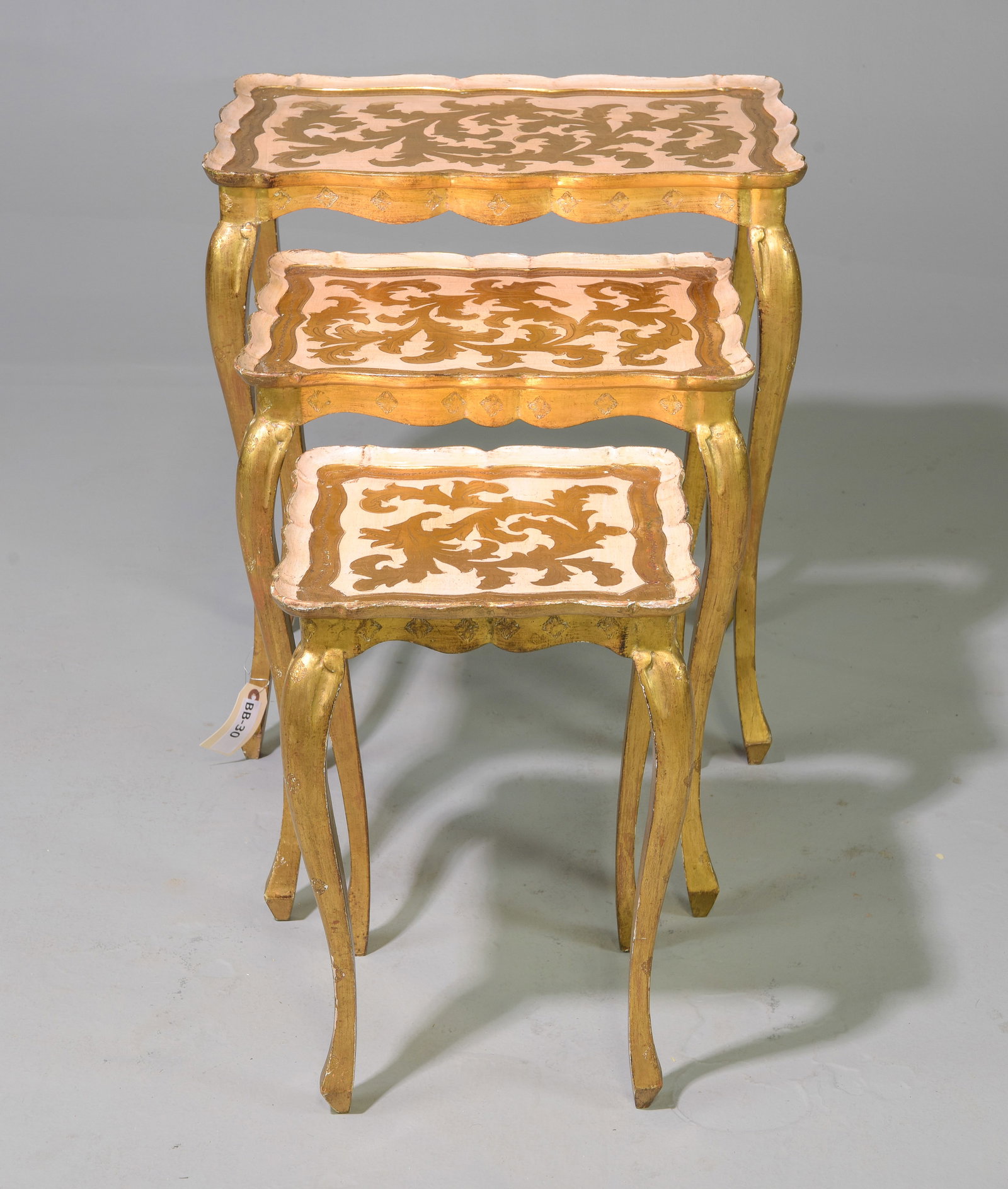 Florentine Gold & Pink Nest of 3 Tables: Florentine Gold & Pink Nest of 3 Tables - 24 in tall x 21.5 x 14