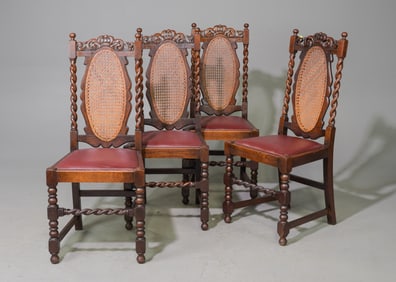 Four British Barley Twist Oak Dining Chairs c.1920's