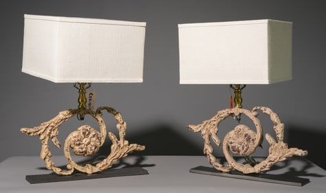 Pair of Painted Iron Table Lamps with Shades