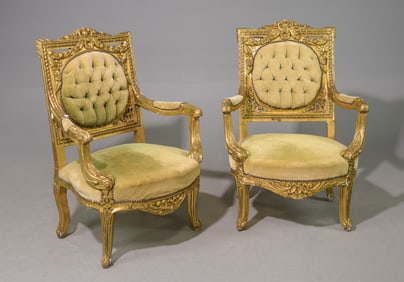 Two Louis XV Style Gold Painted Beech Arm Chairs