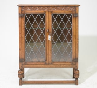 British Oak Leaded Glass Cabinet c.1930's