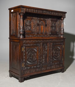 British Finely Carved Oak Court Cupboard c.1800's