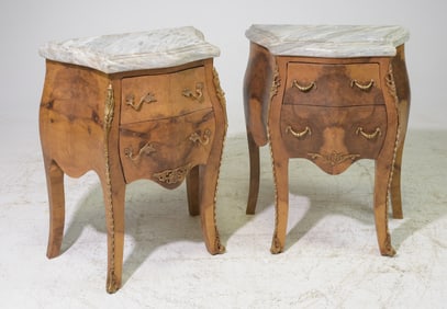 Two French Style Marble Top Nightstands