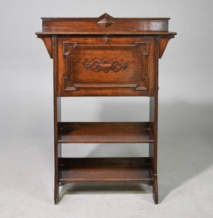 Jacobean Oak Drop Front Bookshelf c.1930's: Jacobean Oak Drop Front Bookshelf / Writing Stand c.1930's - 45 in tall x 33 x 11 - Floor to writing surface when open is 27.5 inches