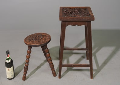 Two British Carved Oak Stools c.1920's-30's