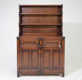 British Oak Linen Fold Front Plate Rack Dresser