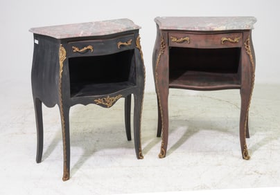 Two French Style Marble Top Nightstands