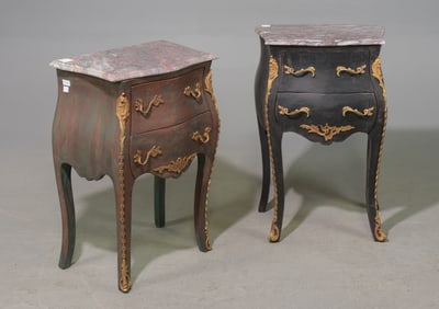 Two French Style Marble Top Nightstands