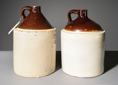 2 American Pottery Crocks / Jugs with Glazed Tops