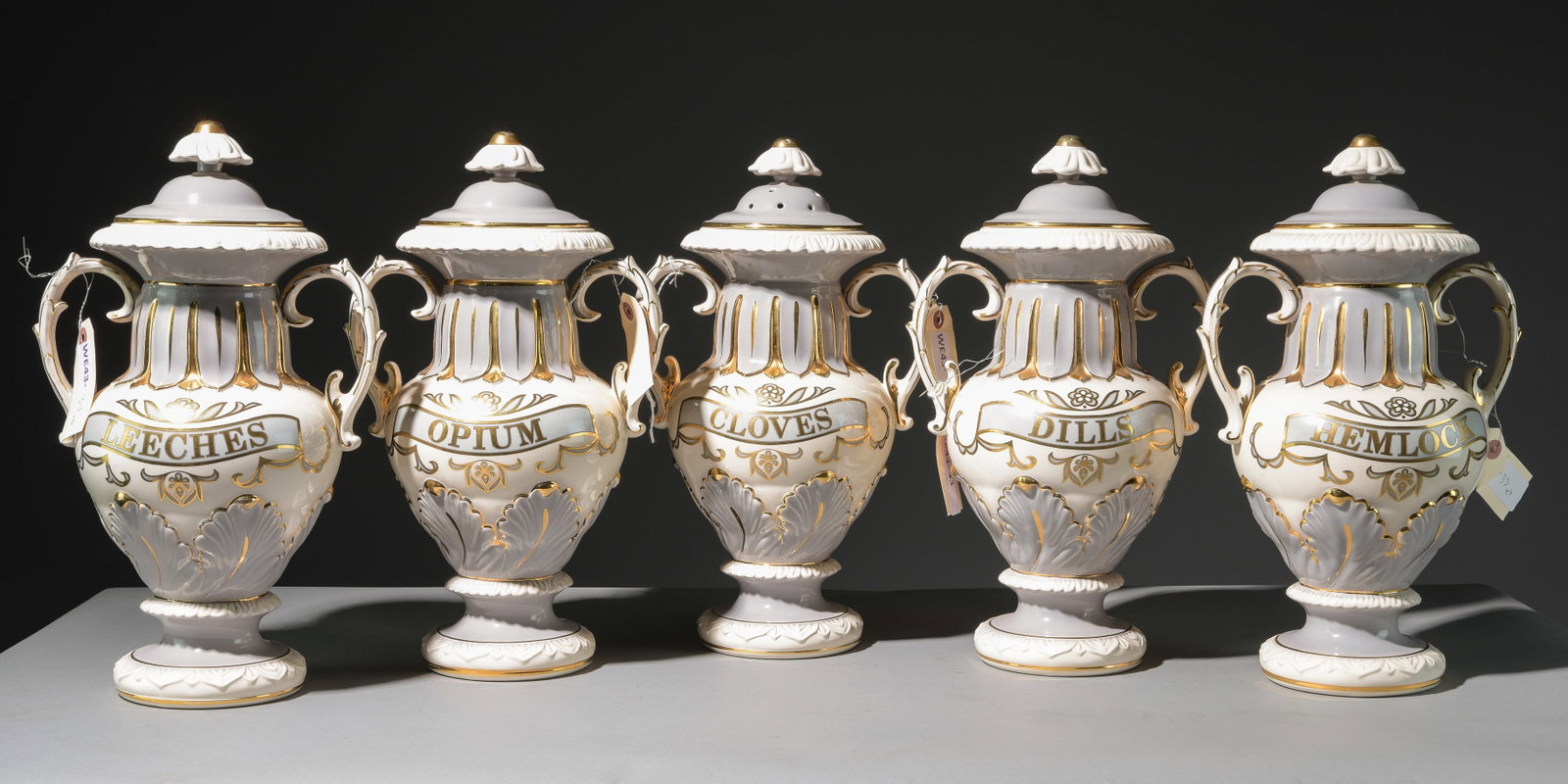 5 French Style Porcelain Jars / Urns with Lids: 5 French Style Porcelain Jars / Urns with Lids - 16 inches tall x 9.5 x 8
