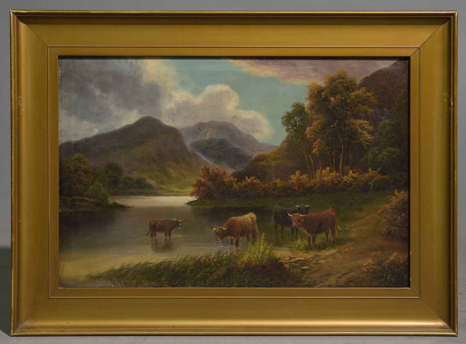 Gold Gilt Framed Oil On Canvas River / Cow Landscape (1 of 3)