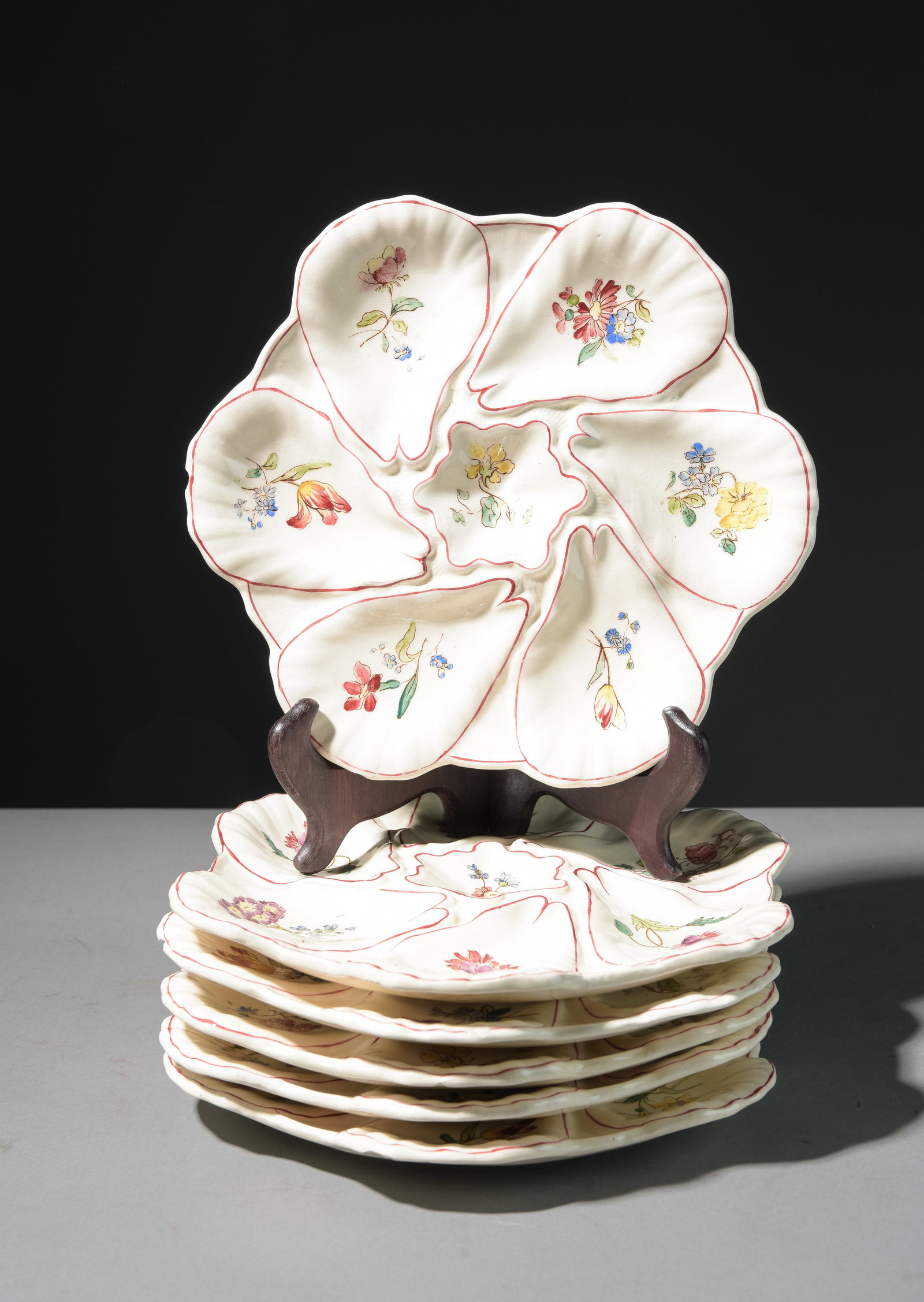6 French Longchamp Majolica Oyster Plates Hand Painted: 6 French Longchamp Majolica Oyster Plates Hand Painted - 1 inch tall x 10 inch diameter
