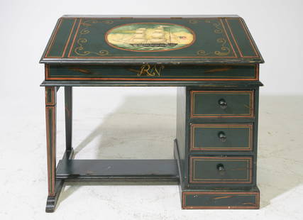 English Hand Painted Lift Top Desk with Ship Motif: English Hand Painted Lift Top Desk with Ship Motif - 33.5 inches tall x 40.5 x 22.5