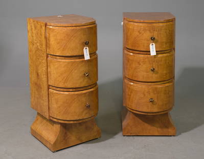 Pair of Art Deco Style Burled Three Drawer Chests: Pair of Art Deco Style Burled Three Drawer Chests / Nightstands - 35.5 inches tall x 15.5 x 21