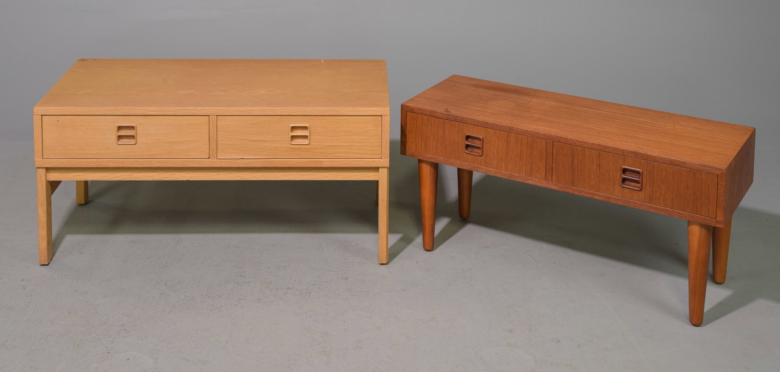 Two Danish Modern Petite Two Drawer Tables: Two Danish Modern Petite Two Drawer Tables / Stands - 15 in tall x 31.5 x 12 and 16 in tall x 34 x 16.5