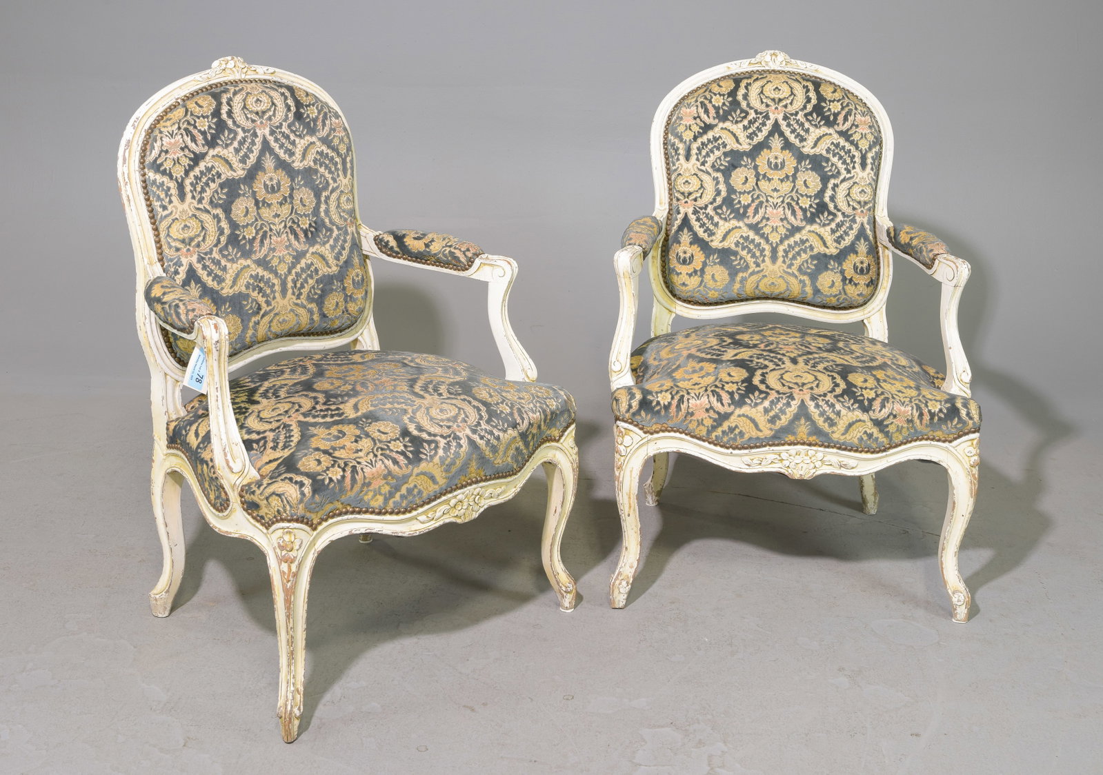 Pair of Louis XV Style Painted Arm Chairs: Pair of French Louis XV Style Painted Arm Chairs - 37 in tall x 27 x 26, Seat height is 16 inches