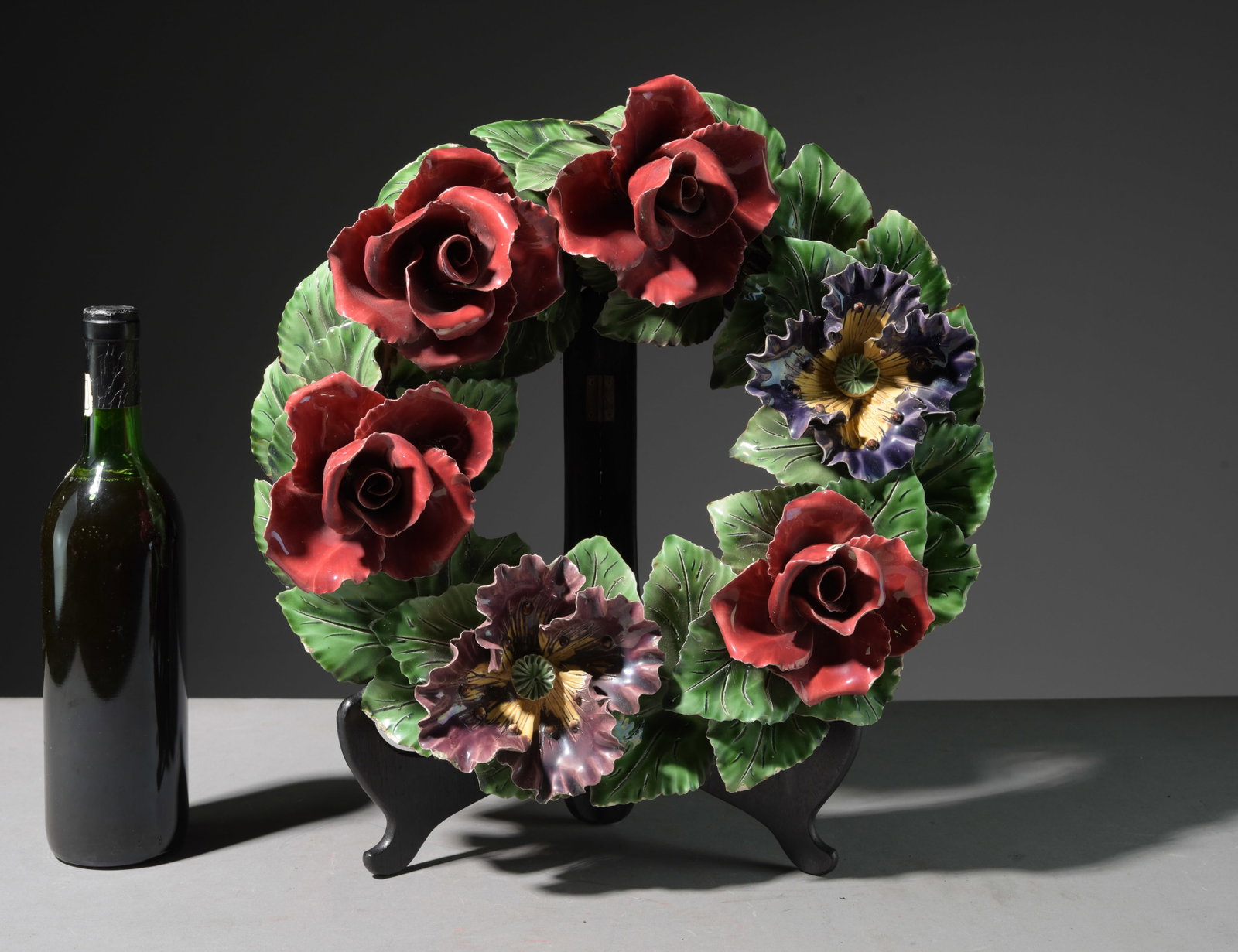 French Majolica Style Floral Pottery Wreath: French Majolica Style Floral Pottery Wreath - 16 inch diameter by 6 inches deep