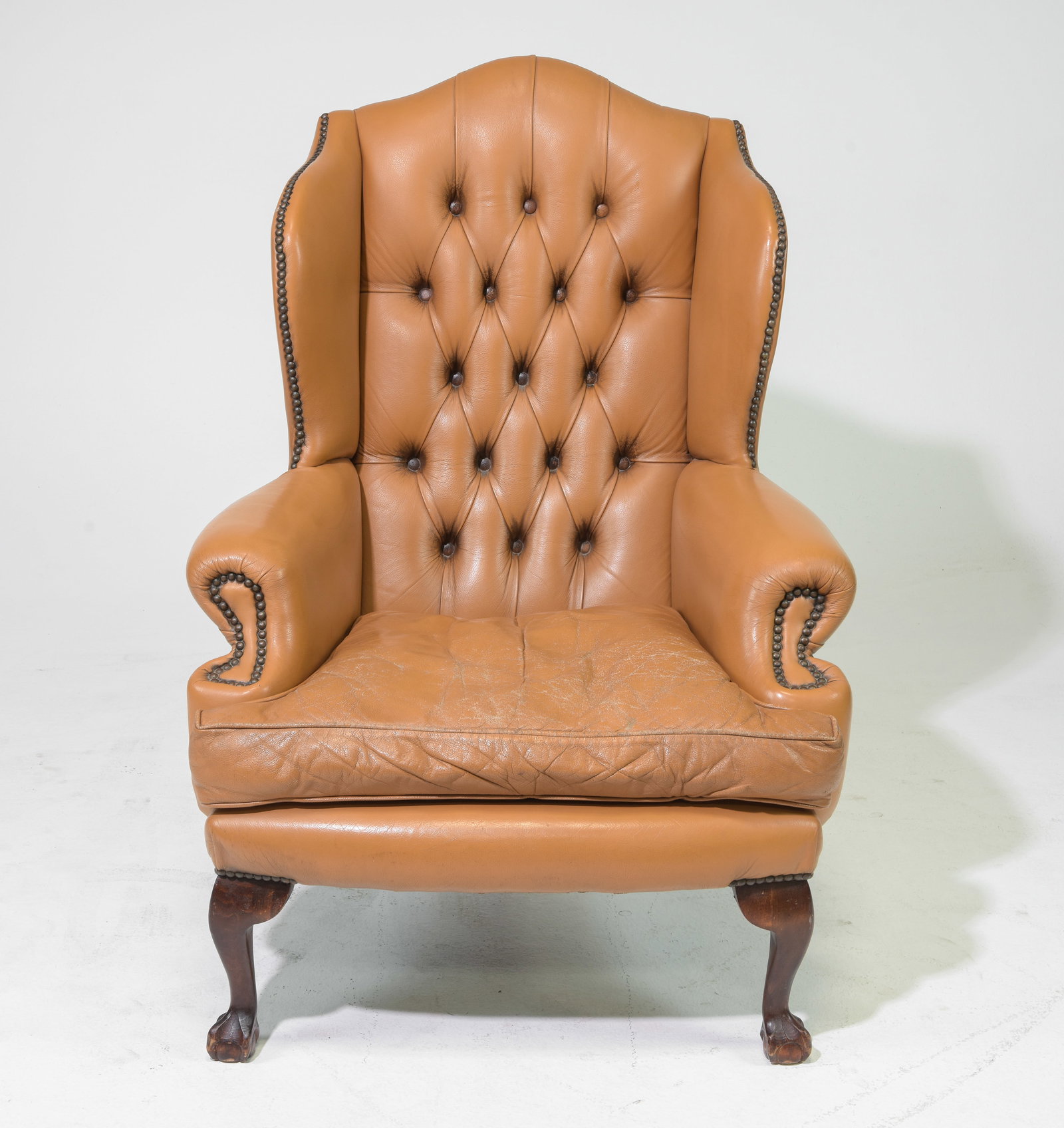 Tan Leather Button Tufted Wing Back Arm Chair (1 of 6)