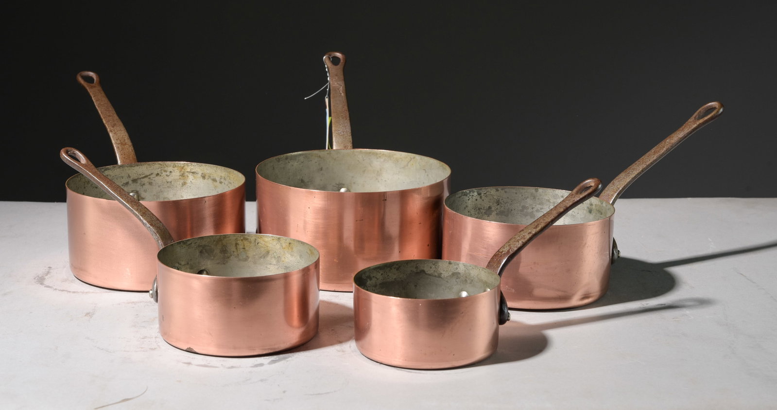 Set of 5 French Polished Copper Sauce Pans: Set of 5 French Polished Copper Sauce Pans - Largest is 7 in tall x 16 x 8 - Reminder, measurements are for shipping purposes