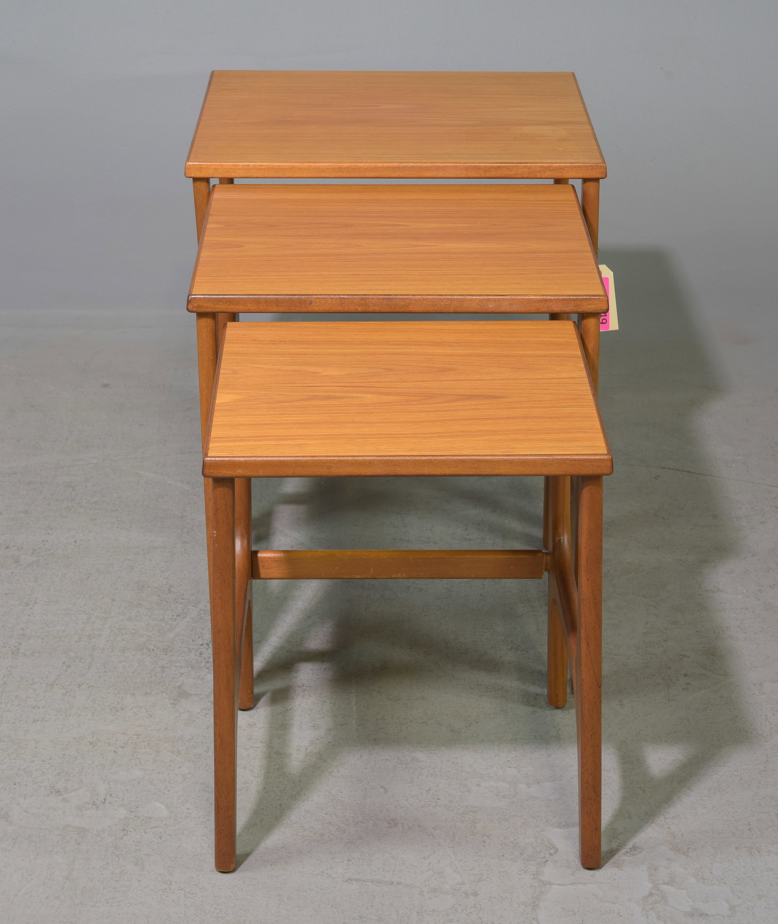 Mid Century Modern Teak Nest of Three Tables: Danish Modern Style Teak Nest of Three Tables - Largest table is 20.5 in tall x 20.5 x 19