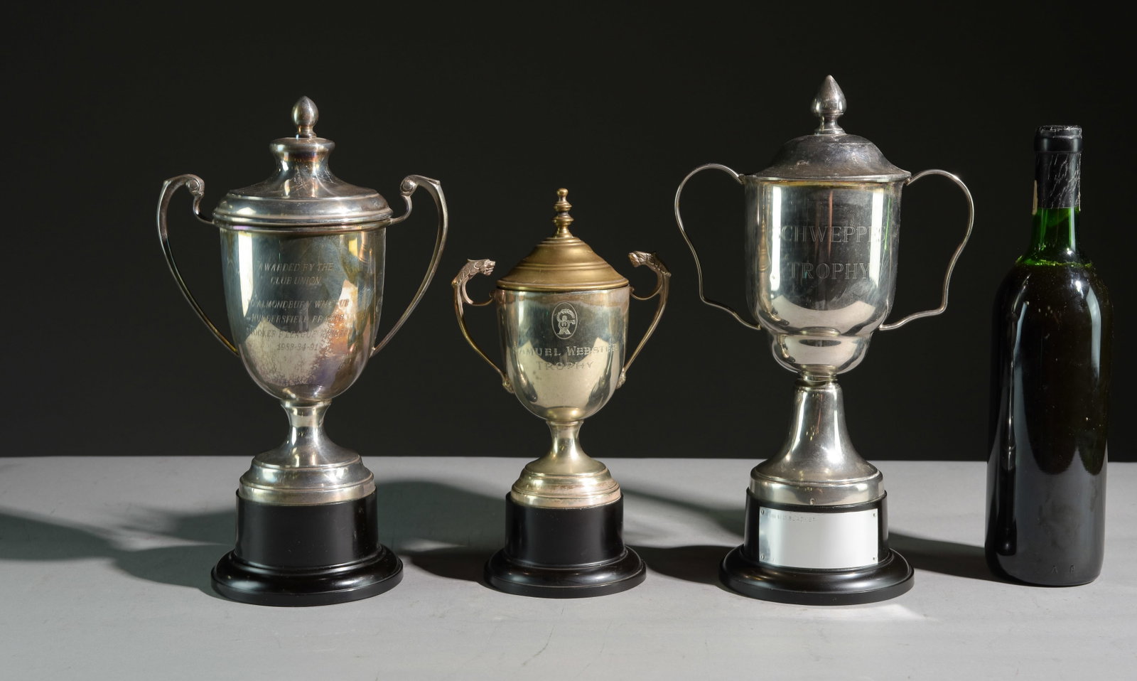 Three Silver Plate English Trophies With Lids: Three Silver Plate English Trophies With Lids - 12.5 inches tall x 7.5 x 4.5