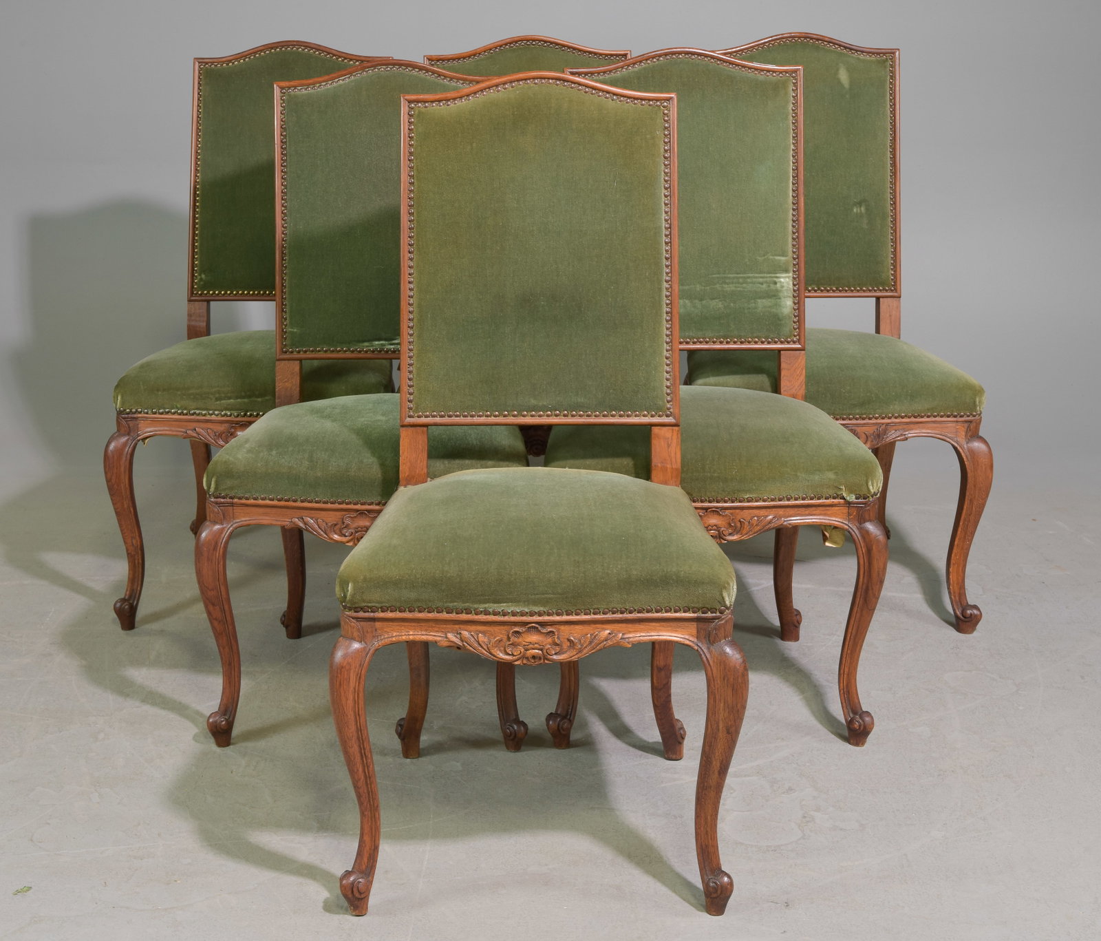 Set of 6 Louis XV Style Green Upholstered Chairs: Set of 6 Louis XV Style Oak Green Upholstered Dining Chairs c.1940's-50's - 42 in tall x 21.5 x 20, Seat height is 18 inches