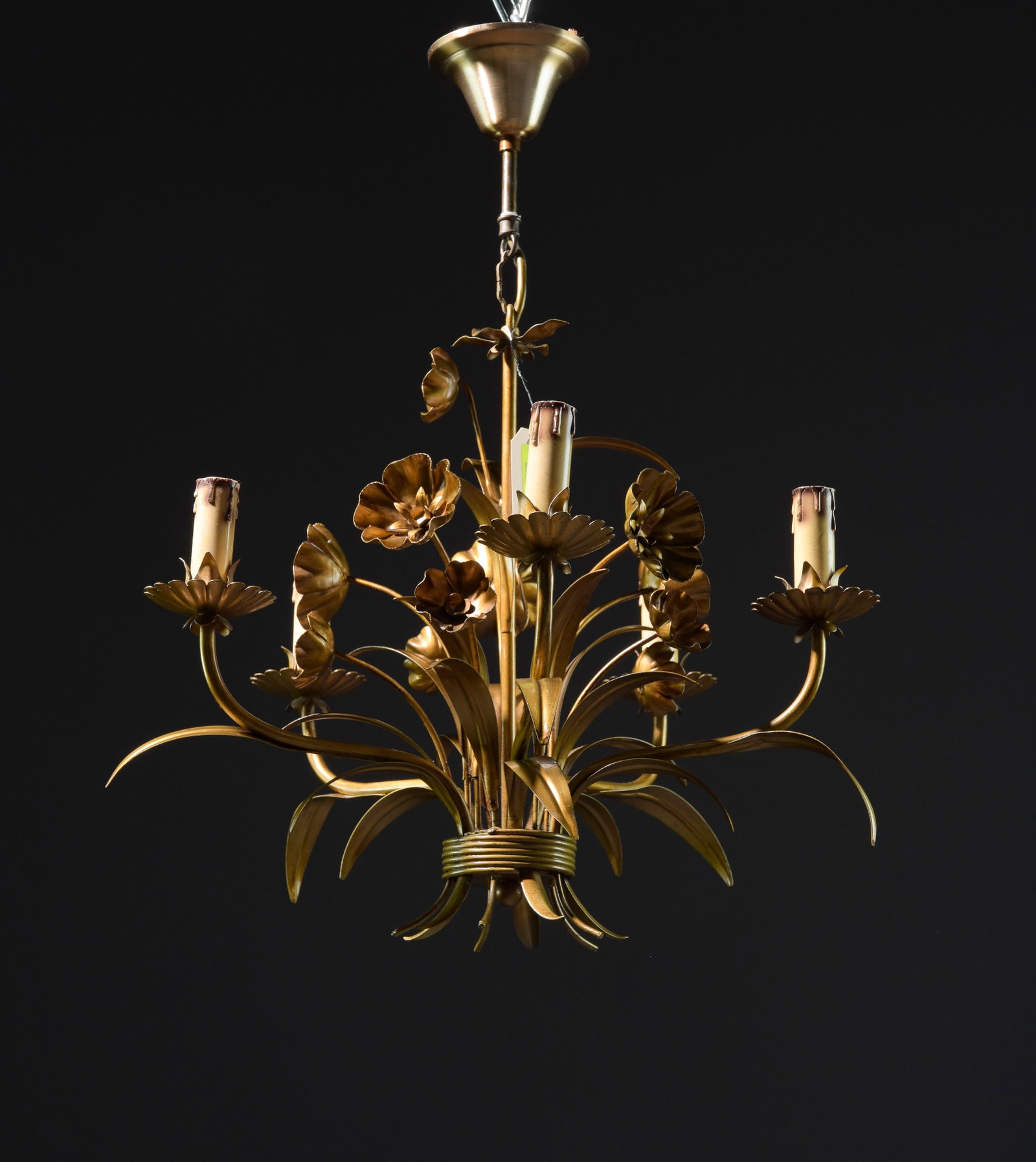 French Floral Gold Metal Chandelier: French Floral Gold Metal Chandelier - 24 in tall x 17.5 inch diameter