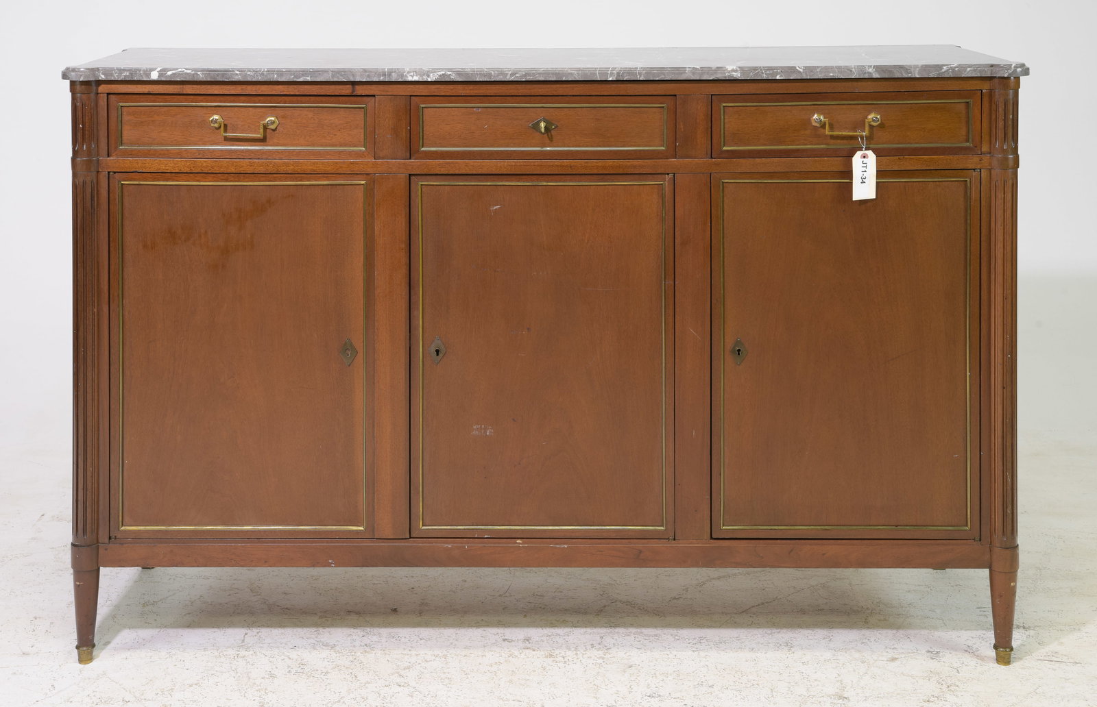 Louis XVI Style Grey Marble Top Sideboard: French Louis XVI Style Grey Marble Top Sideboard / Enfilade - 39.5 in tall x 63.5 x 19.5