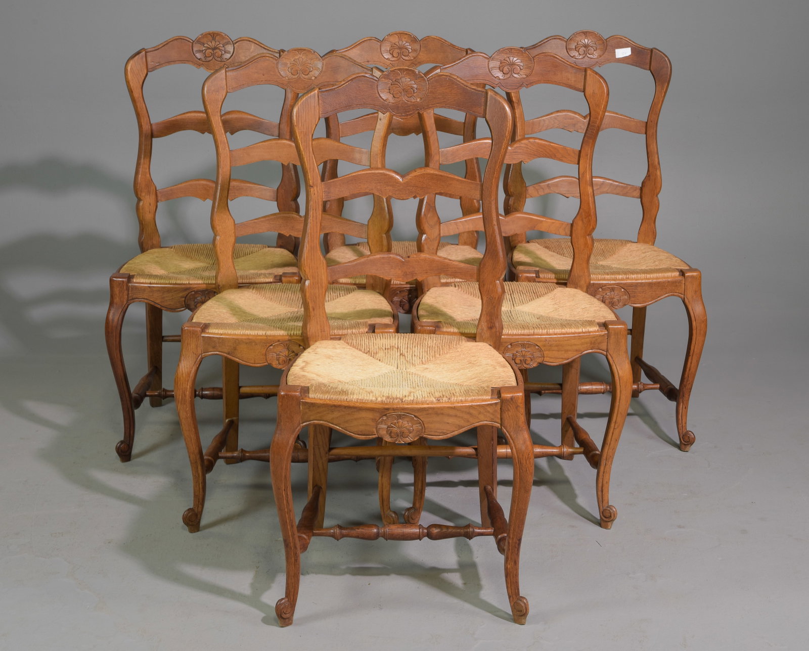 Set of 6 Louis XV Style Oak Rush Seat Chairs: Set of 6 French Louis XV Style Oak Rush Seat Chairs - 39 in tall x 18 x 19, Seat height is 18 inches