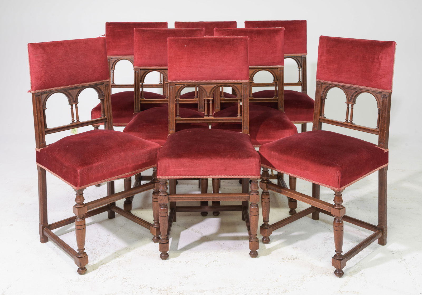 Set of 8 Louis XV Style Oak Red Upholstered Chairs (1 of 4)