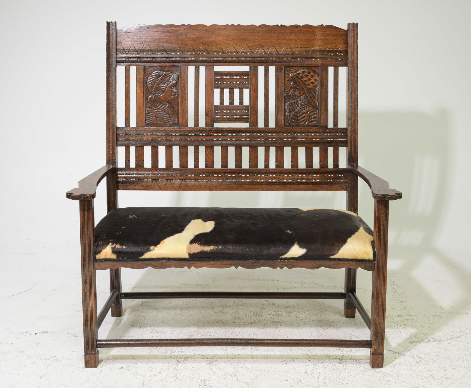 High Back Oak Hall Bench with Hide Upholstery (1 of 5)