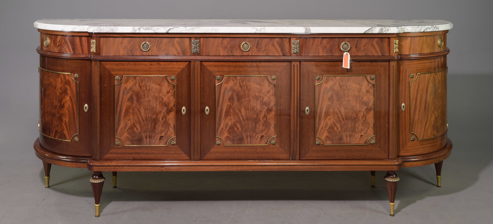 Louis XVI Style Marble Top Curved Sideboard: French Louis XVI Style Marble Top Curved Mahogany Sideboard / Enfilade - 41 in tall x 99 x 21.5