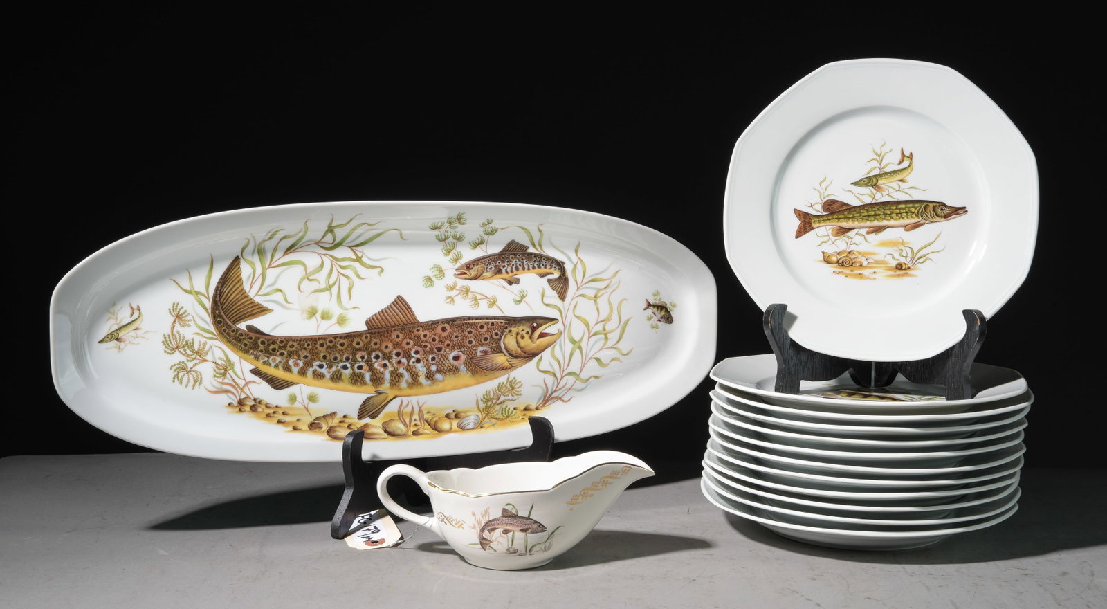 14 Fish Plate Set - 12 Plates, Platter & Sauce Boat: 14 Fish Plate Set - 12 Plates, Platter & Sauce Boat - 1.5 inches tall x 22 x 8.5