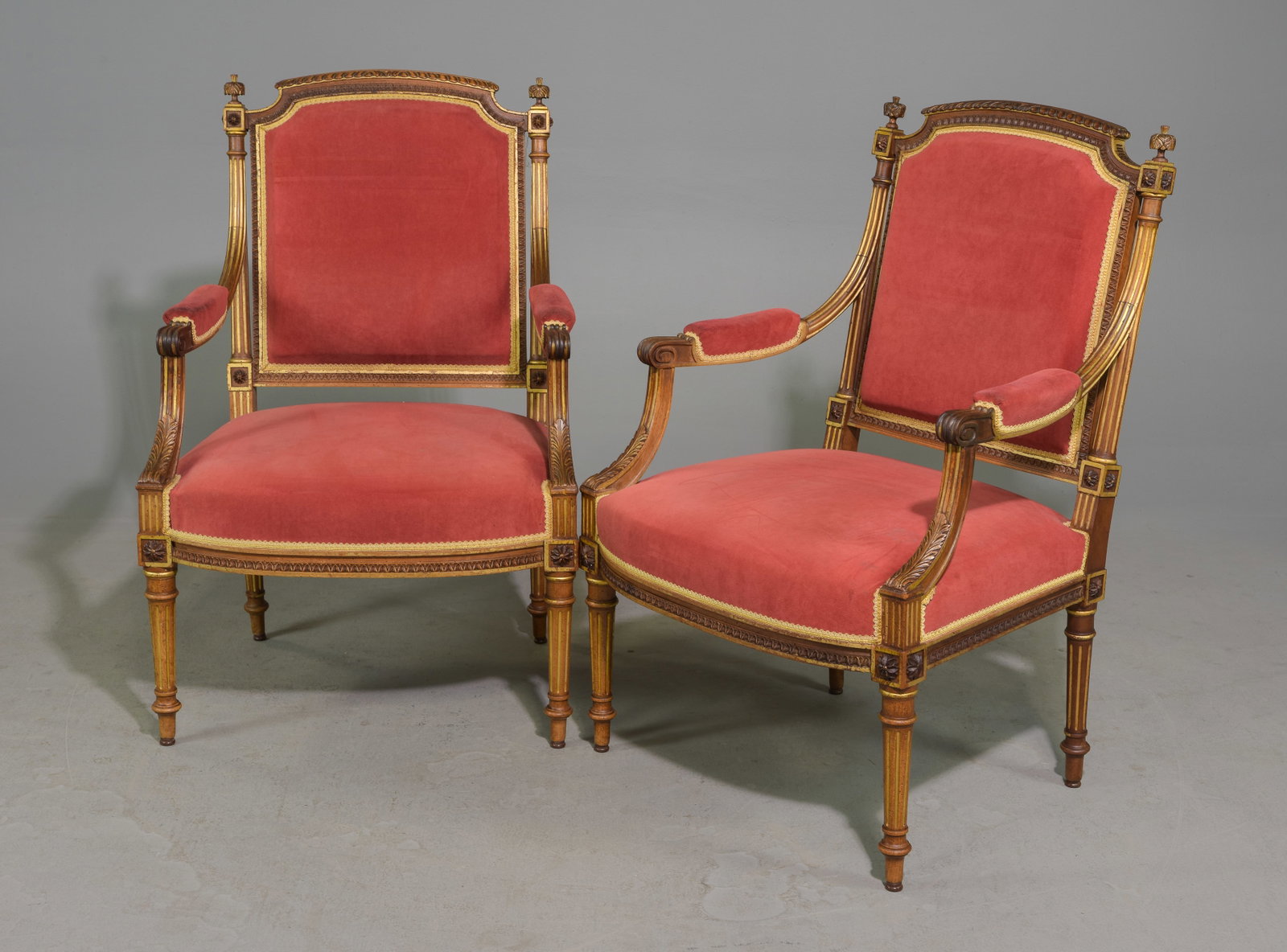 Pair of Louis XVI Style Walnut Arm Chairs #1: Pair of French Louis XVI Style Walnut Arm Chairs - 38 in tall x 25 x 24, Seat height is 18 inches