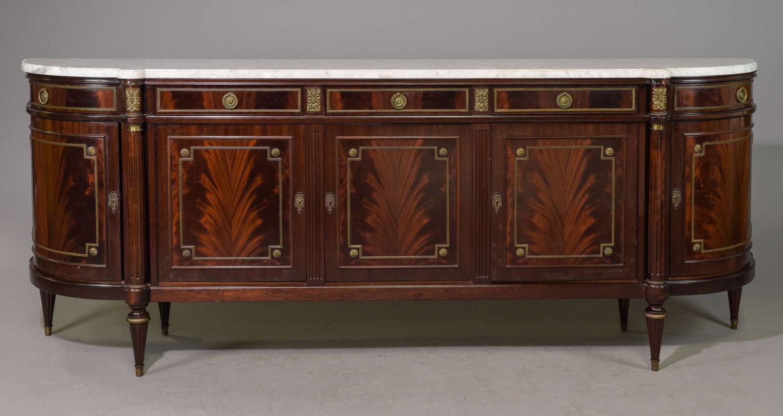 Louis XVI Style White Marble Top Sideboard: French Louis XVI Style White Marble Top Mahogany Sideboard / Enfilade - 40.5 in tall x 105 x 22 - This is 8.8 feet long