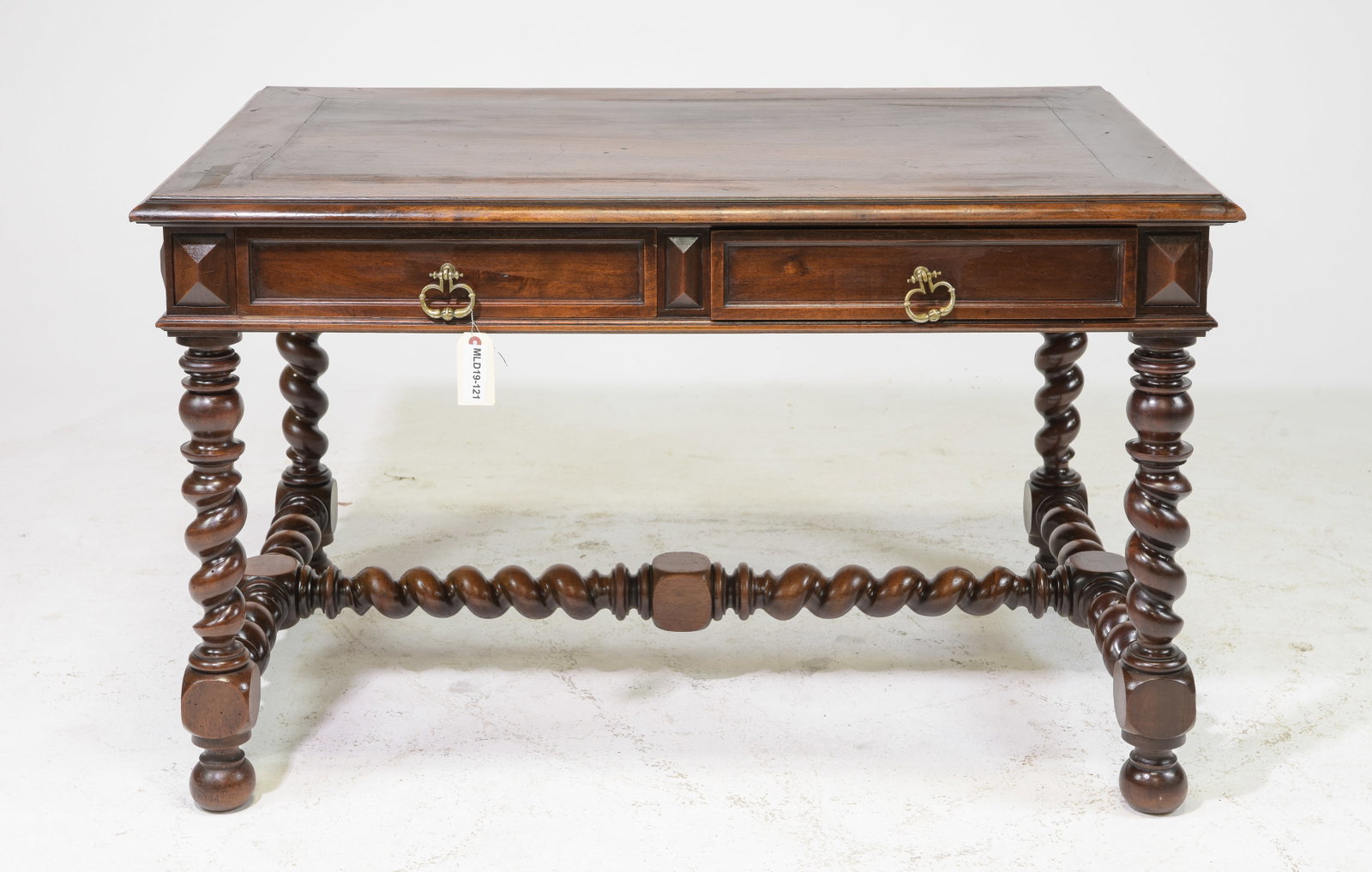 Louis XIII Style French Twist Oak Writing Table: French Louis XIII Style French Twist Oak Writing Table - 29 in tall x 47 x 31.5, Floor to under is 23 inches and the space between is 39 inches
