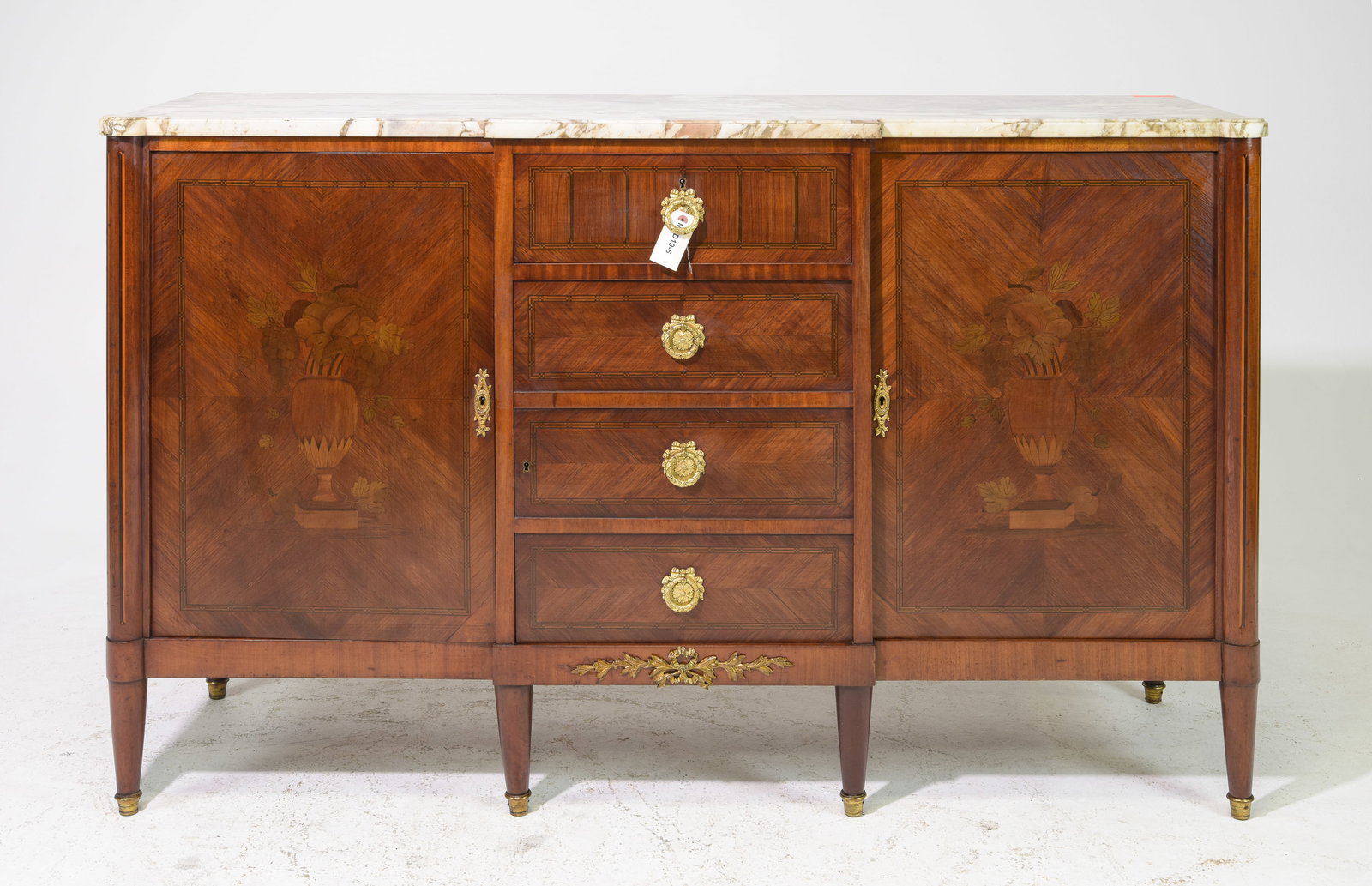 Louis XVI Style Marble Top Mahogany Sideboard: French Louis XVI Style Marble Top Mahogany Sideboard / Enfilade - 40.5 in tall x 66 x 20.5