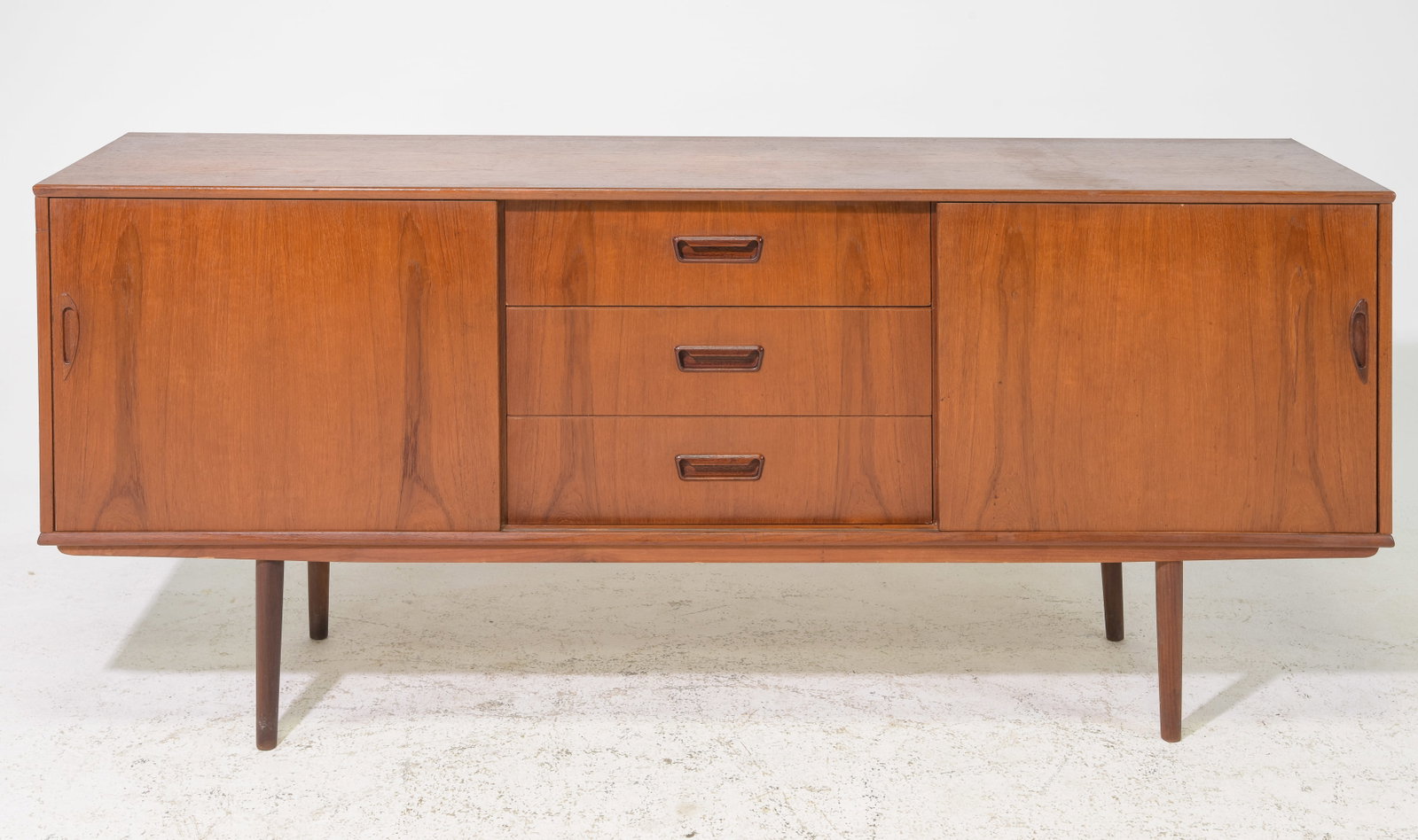 Mid Century Modern Sliding Door Sideboard: Danish Modern Style Teak Sliding Door Sideboard / Credenza - 31 in tall x 71 x 17.5