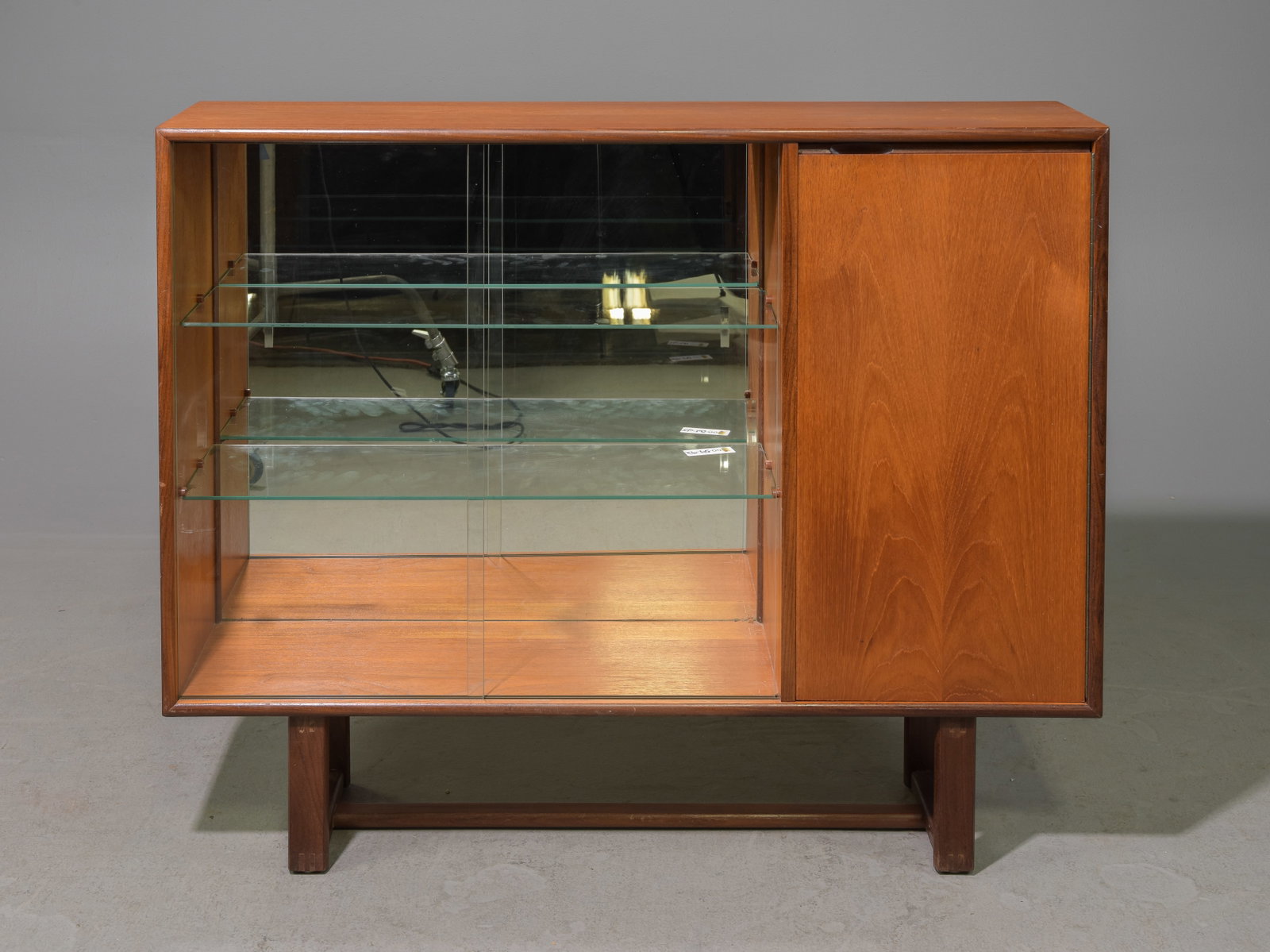 Mid Century Modern Sliding Glass Door Cabinet: Danish Modern Sliding Glass Door Cocktail Cabinet with Mirror Back - 37.5 in tall x 45.5 x 11