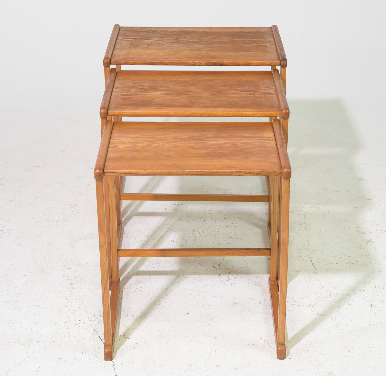 Mid Century Modern Style Nest Of 3 Tables: Mid Century Modern Style Nest Of 3 Tables - 20 inches tall x 19.5 x 13, middle one is 19.5 inches tall x 18 x 12.5, smallest one is 18 inches tall x 16.5 x 11.5