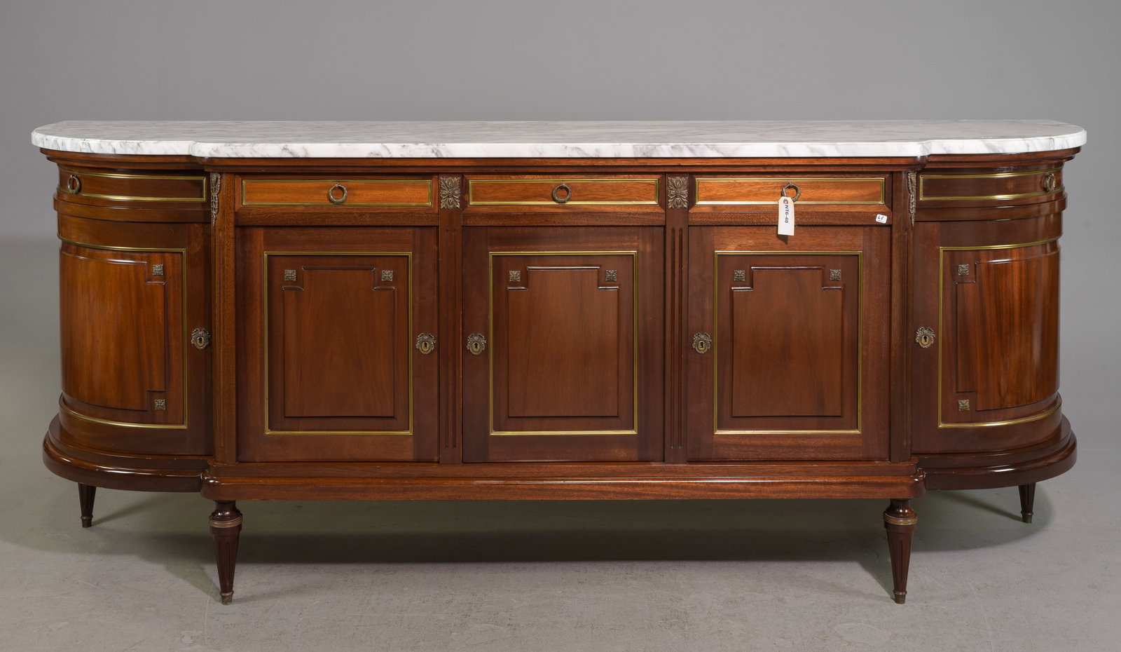 Louis XVI Style Marble Top Mahogany Sideboard: French Louis XVI Style White Marble Top Mahogany Sideboard with Curved Sides - 41 in tall x 100 x 23.5 - This is 8.3 feet long