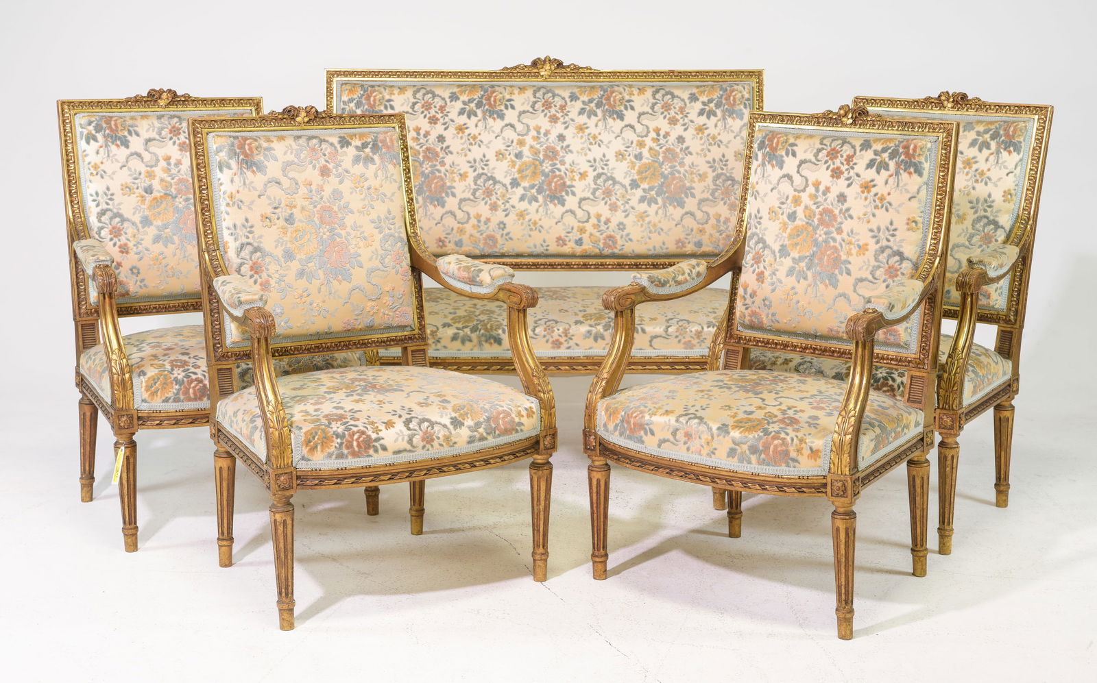 Louis XVI Style Gold Gilt Settee & 4 Arm Chairs (1 of 9)