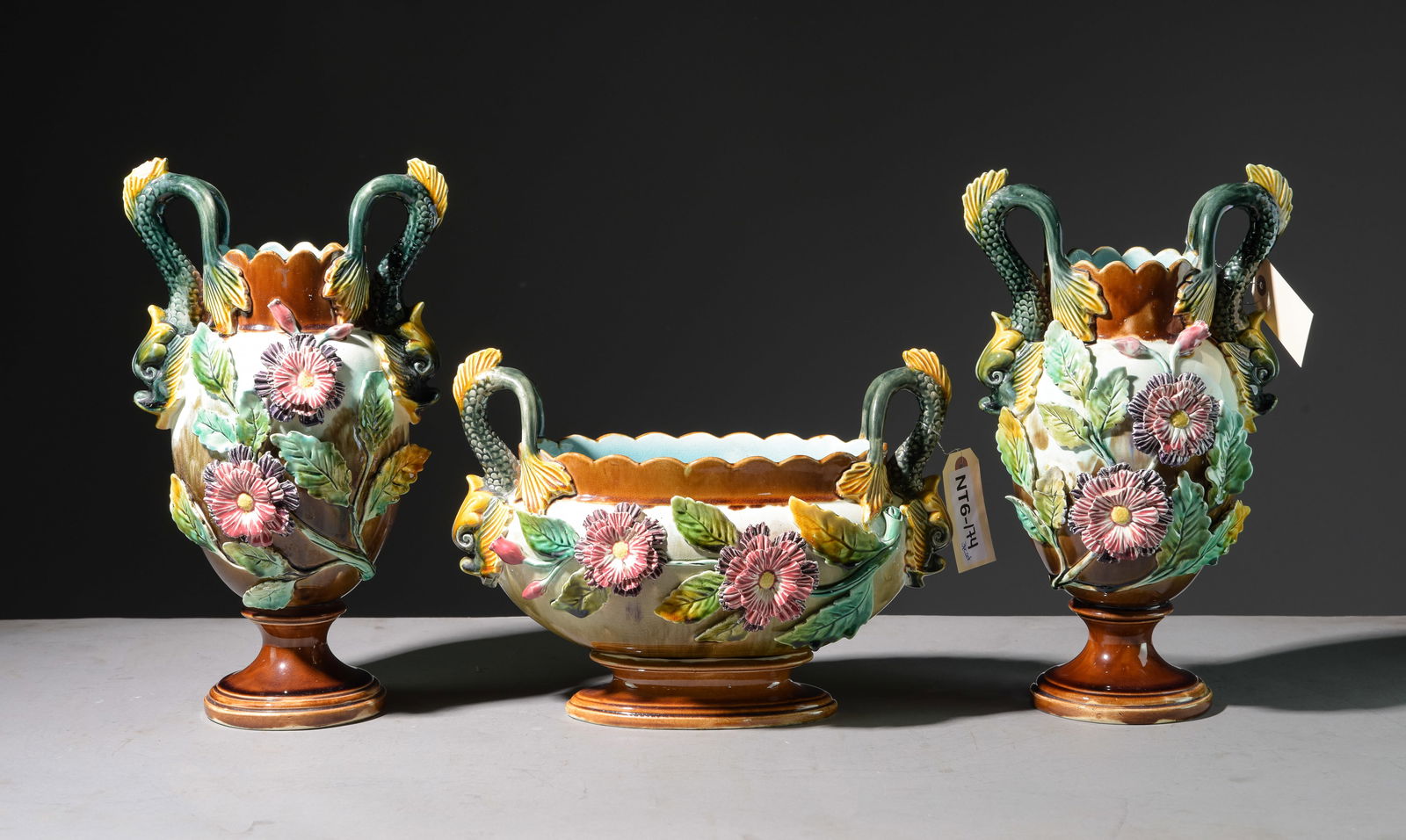3pc French Majolica - Vases with Jardiniere (1 of 6)