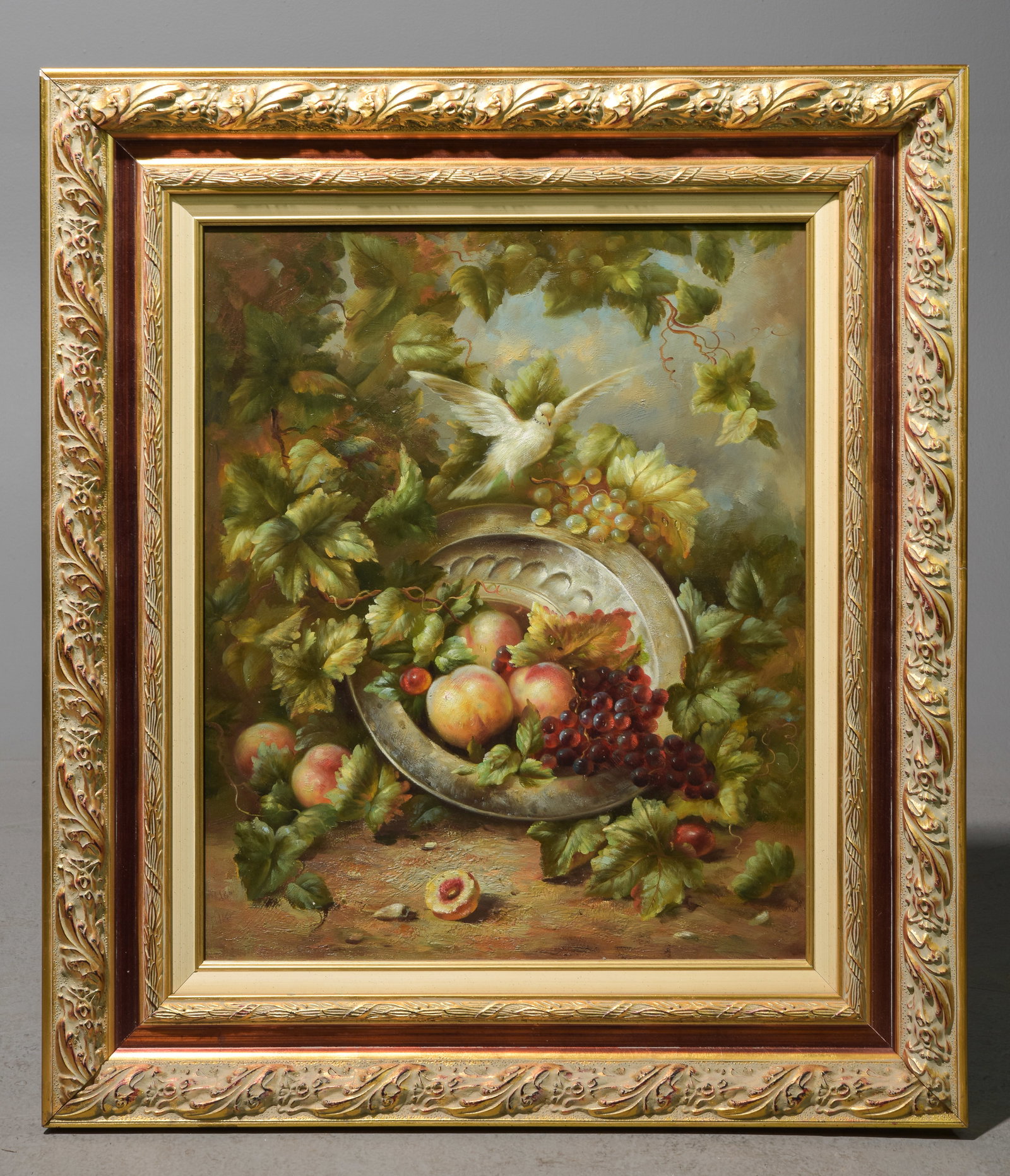 Gold Framed Oil on Canvas Still Life: Gold Framed Oil on Canvas Fruit Still Life with Dove - 33.5 in tall x 29 x 1.5, The work itself is 24 x 20