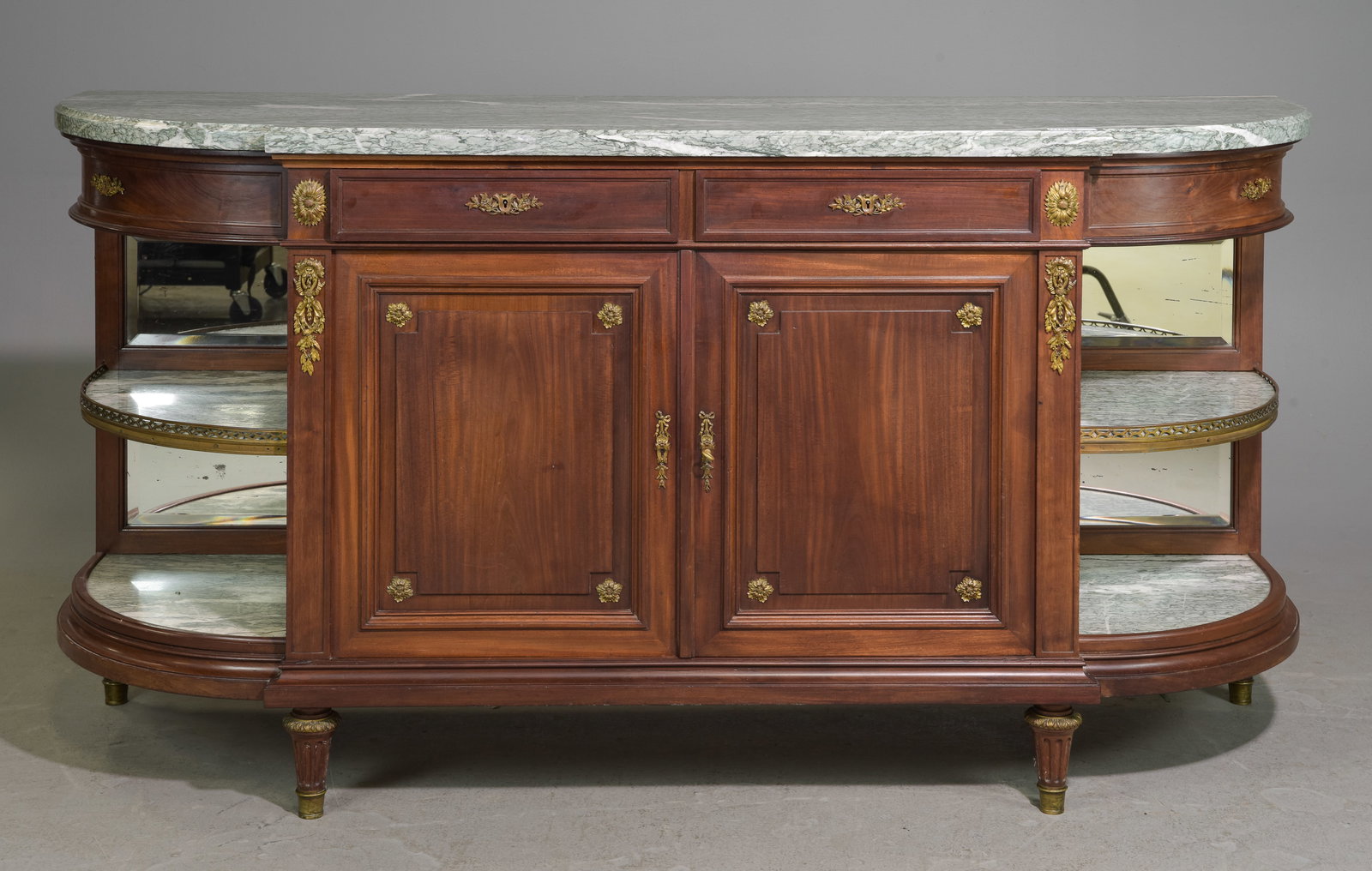 Louis XVI Style Green Marble Top Sideboard: French Louis XVI Style Green Marble Top Mahogany Curved Sideboard / Enfilade - 40 in tall x 75 x 23