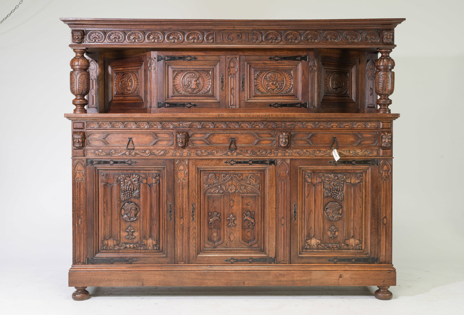Renaissance Style Monumental Court Cupboard: Renaissance Style Finely Carved Oak Monumental Court Cupboard c.1930's-40's - 76 in tall x 90 x 21 - This is 6.3 feet tall by 7.5 feet wide